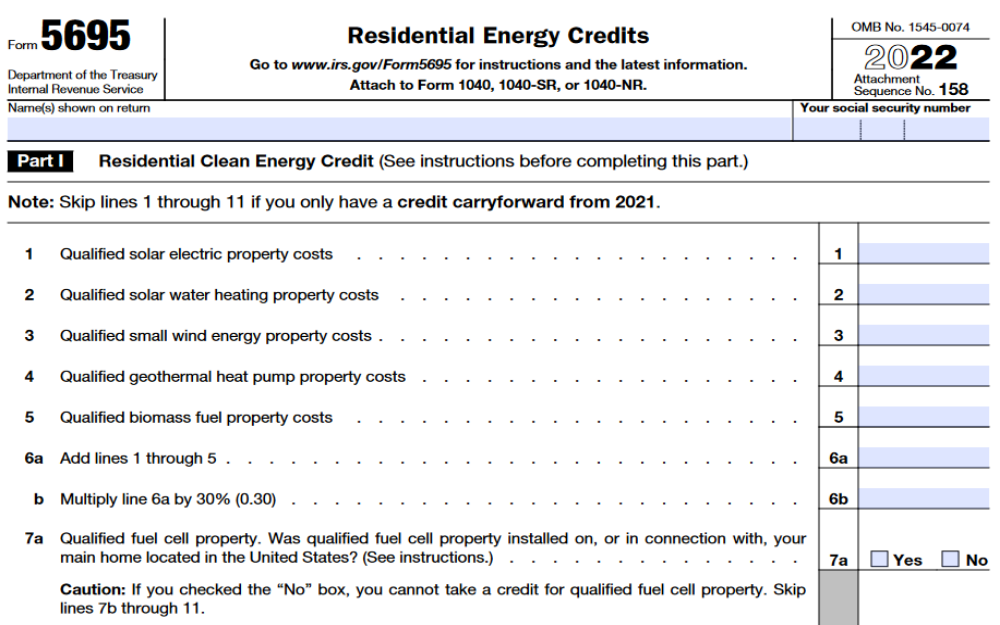 Screenshot of Form 5695 showing Residential Energy Credits.